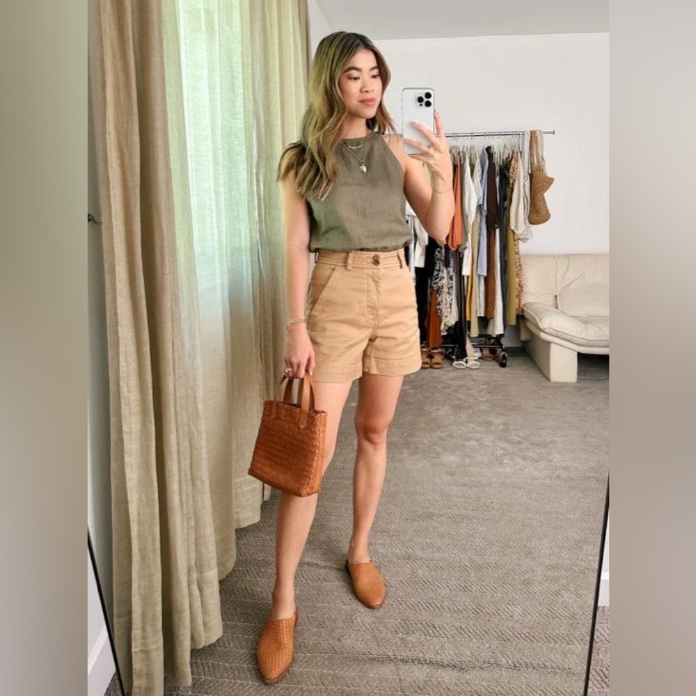 Everlane Way-High Twill Button Canvas Utility Summer Shorts in Khaki Size 00